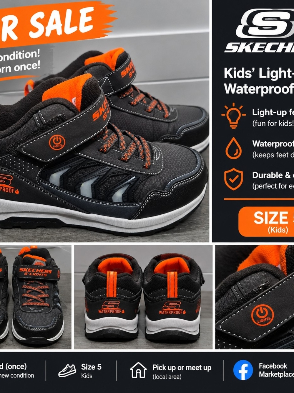 Skechers Kids Black & Orange Light-Up Waterproof Boots